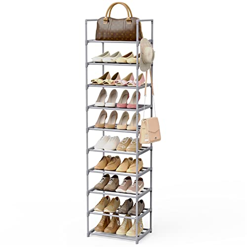 10 Tiers Tall Shoe Rack Narrow 20-24 Pairs Shoe Rack for Closet Entryway Vertical Metal Shoe Rack Organizer Shoe and Boots Organizer Storage Sturdy Shoe Shelf Shoe Stand Gray - color: Grey