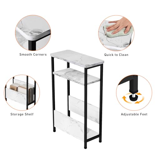 THUMEYE 7.1" Narrow Side Table for Small Spaces, 3 Tier Small End Table with Magazine Holder, Slim/Skinny Nightstand/Bedside Table for Living Room, Bedroom, 15.4" L x 24.2" H, Faux White Marble - color: Faux White Marble