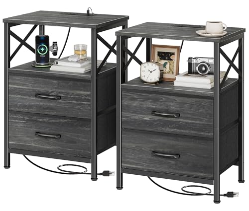Huuger Nightstands Set of 2, Night Stand with Charger Station, 2 Drawer Side Table with Open Shelf, USB-C Port, End Table for Small Spaces, X Shaped Side Rail, Charcoal Black - color: Charcoal Black Wood Grain Print