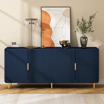 65" Fluted Sideboard Buffet Cabinet with Storage, Console Cabinet with 4 Doors & Adjustable Shelves, Modern Buffet Table for Kitchen Dining Living Room Hallway‌ Entryway, Blue - color: Blue
