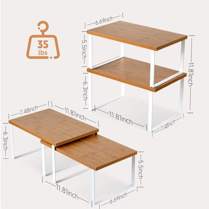 2Pack Expandable Stackable Cabinet Shelf, Metal-Wood, Warm Bamboo - color: Bamboo Color