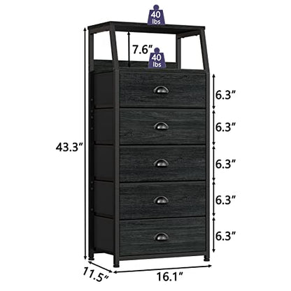 Furnulem Black Dresser with 5 Drawers, Vertical Storage Tower Fabric Dresser for Bedroom, Hallway, Entryway, Nursery, Closet Organizer, Nightstand Bedside Table Furniture, Sturdy Steel Frame, Wood Top - color: Black Oak, style: 5 Drawers