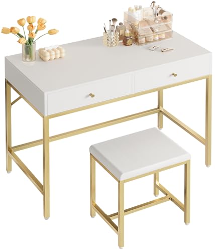 SUPERJARE 31.5" White and Gold Desk with 2 Drawers, Modern Makeup Vanity | Vanity with Padded Stool, Small Computer Desk Home Office Desk for Writing Study Bedroom - color: Gold and White, size: 31.5 inch