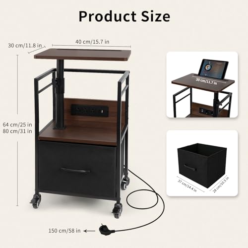 Small Bedside Table with Charging Station, Rolling Side Table with Wheels, Small Nightstand with Drawer Storage for Bedroom - Walnut Look - color: Walnut