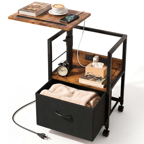Faesun Swivel Lift Top Nightstand with Charging Station, Rolling Side Table for Recliner, Bedside Table with Wheels & a Fabric Drawer, for Small Spaces, for Bedroom, Living Room, Brown Black - color: 07 - Brown Black, size: 1 Drawer