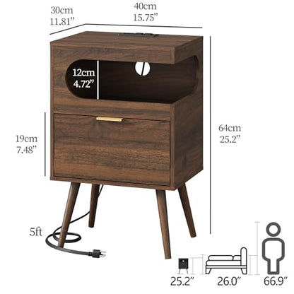 Veegle Nightstand,Modern Bedside Table with Storage Drawer and Open Wood Shelf, Accent Night Stand with Solid Wood Legs for Living Room, Bedroom and Small Spaces,Easy Assembly (Walnut Brown-1) - color: Walnut Brown-1