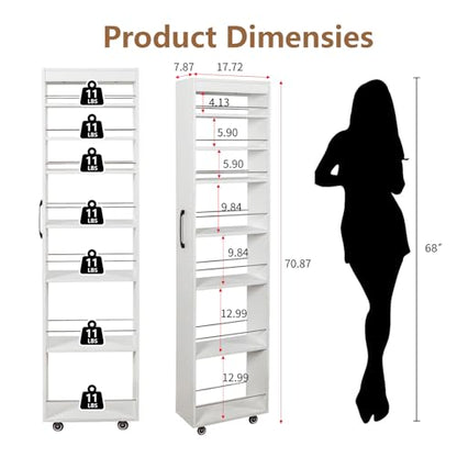 7-Tier Slim Mobile Shelving Cart with Wheels, Rolling Pantry with 7 Racks, Narrow Pull-Out Utility Cart, Space Saving Storage Organizer Carts for Kitchen Living Room Bathroom Narrow Spaces, White - size: White & 7.87"D x 17.72"W x 70.87"H