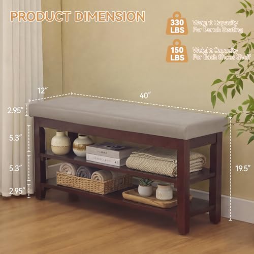 40" Faux Leather Shoe Storage Bench Entryway, Upholstered Bench with Leather Cushion, Solid Wooden 2 Tier Rack Shoe Organizer for Entry Way, Bedroom, Living Room, Grey - color: Grey