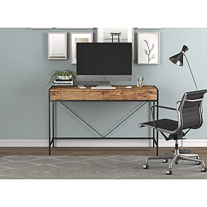 Safdie & Co. Computer Desk 49inch for Home Office and Small Spaces with 2 Drawers Brown Reclaimed Wood with Black Metal. Ideal for Writing, Gaming, Study, Work from Home.