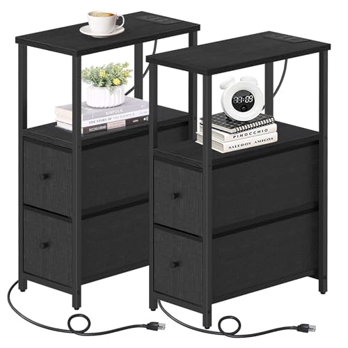 TUTOTAK Small Narrow End Table with Charging Station, Set of 2, Side Table with Outlets, Nightstand with 2 Cloth Drawers, Couch Table, for Living Room, Bedroom, Bedside, Black TB01BK055 - color: Black, style: 2 Drawers & Plug