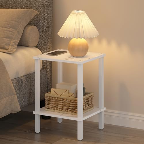 TUTOTAK End Table, Set of 2, Side Table, Nightstand, 2-Tier Storage Shelf, Sofa Table for Small Space, Living Room, Bed Room TB01BMW035 - color: Marble White