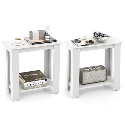 Giantex Narrow End Table Set of 2, 2-Tier Side Table with Open Storage Shelf, Retro Wood Sofa Table Bedside Tables for Small Spaces, Slim Nightstand for Living Room, Bedroom, Easy Assembly, White - color: White