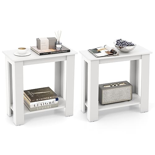Giantex Narrow End Table Set of 2, 2-Tier Side Table with Open Storage Shelf, Retro Wood Sofa Table Bedside Tables for Small Spaces, Slim Nightstand for Living Room, Bedroom, Easy Assembly, White - color: White