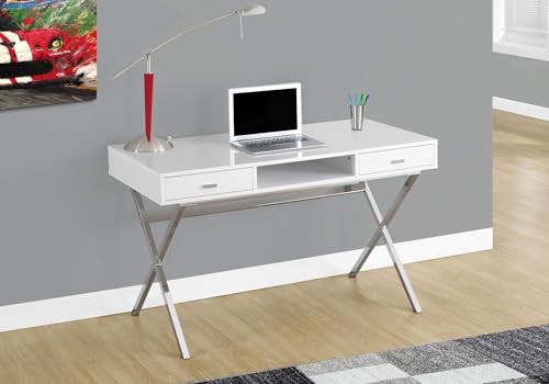 Atlin Designs Metal Sturdy Legs 48" Contemporary Modern Computer Writing Desk with Drawers and Open Shelf in Glossy White and Silver