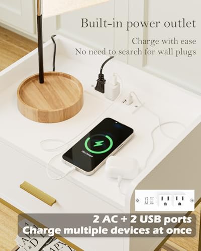 Nightstand with Charging Station,3-Tier Bedside Table for Small Space,Modern Night Stand with Storage Drawer and Shelf,Small Side Table for Bedroom,Living Room,White - color: White With Charging Station