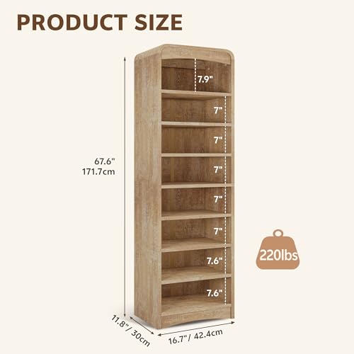 Tall Shoe Cabinet 8-Tier with Adjustable Shelves, Natural | Freestanding Shoes Organizer Cabinet for Entryway, Hallway, Living Room - color: Natural
