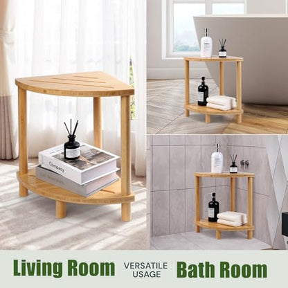 Upgraded Bamboo Corner Shower Stool for Inside Shower Waterproof,2-Tier Shower Foot Rest with Storage Shelf,Corner Shower Shelf Bench Caddy Shaving Leg,Bath Seat,Gifts for Women Mom - style: GU-QZST05