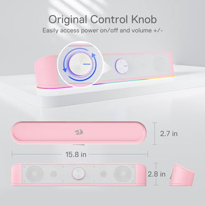 Redragon GS560 RGB Desktop Soundbar, 2.0 Channel Computer Speaker with Dynamic Lighting Bar Audio-Light Sync/Display, Touch-Control Backlit with Volume Knob, USB Powered w/ 3.5mm Cable, Pink - color: Pink