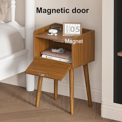 LAATOOREE Small Nightstands Set of 2, Side End Table, Bedside Table with Fluted Door, Solid Wood Feet; for Bedroom, Small Bed - color: Rustic Brown, style: Fluted Style