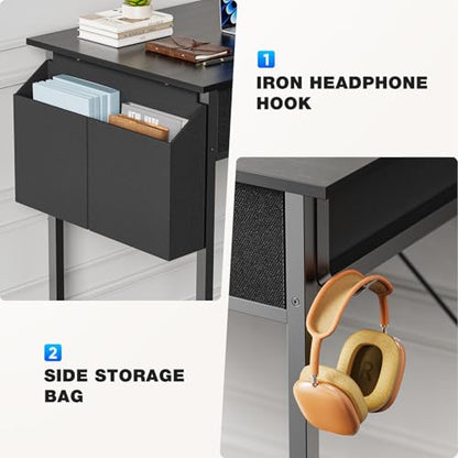 OLIXIS 32 Inch Small Desk, Computer Desk, Home Office | Fabric Drawers, Side Bag, Headphone Hook, Writing Study Work Table, Bedroom, Sleek Black - color: Sleek Black, size: 32 in