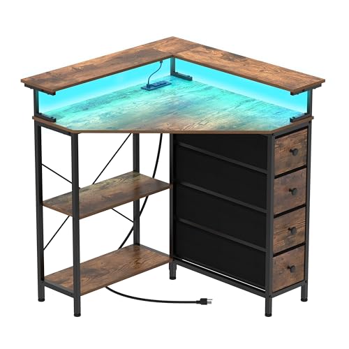 VENNQD Corner Desk with Drawers Shelves for Small Space 90 Degrees Triangle Computer Desk with Power Outlets,Gaming Desk with LED Lights Monitor Stand for Home Office Workstation Writing Table (Brown) - color: Brown