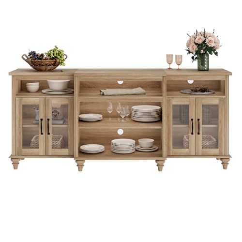 WAMAPT Buffet Cabinet with 4 Glass Doors, Large Coffee Bar Tables Wood Kitchen Storage Cabinets with 9 Storages, Modern Farmhouse Sideboard Credenza, Oak, 70 inch - color: Oak