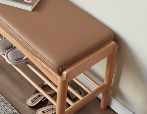 Oak Wood Shoe Bench, 24 Inch Entryway Bench with Brown Leather Cushion | Natural oak frame with brown leather cushion adds premium texture and modern elegance to your home. - color: Natural + Brown Leather Cushion, size: 23.62"