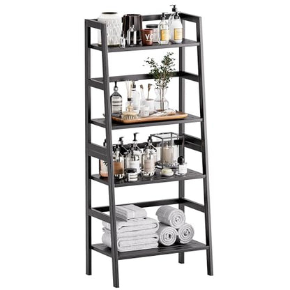 HITNET Black Bookshelf, 4-Tier Ladder Shelf, Freestanding Leaning Bookcase with Bamboo Shelves, Space Saving Flower Plant Stand for Small Space - color: Black