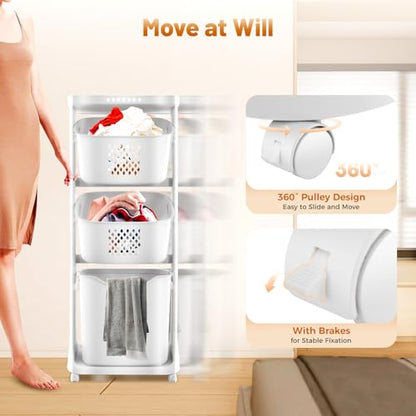 3 Tier Rolling Laundry Basket Vertical laundry hamper Sorter Cart with Wheels and Breaks Bathrooms Clothes Hamper 3 Section laundry organizer for Kitchens, Bedrooms, Laundry Rooms