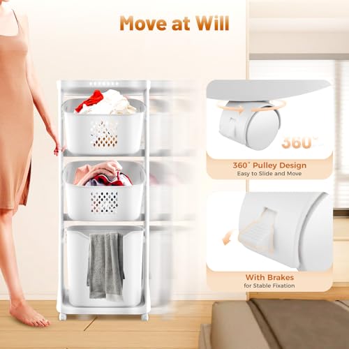 Rolling Laundry Hamper, 3 Tier Storage Sorter Cart with Wheels, White Plastic Dirty Laundry Basket, Movable Clothes Toiletries Snacks Hamper for Kitchens Bathrooms Bedrooms Classrooms Laundry Rooms