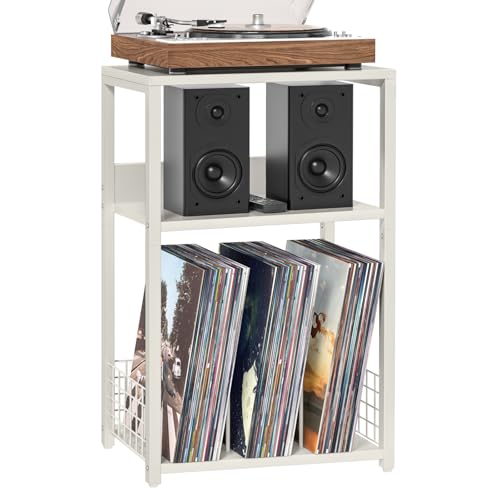 LELELINKY Large White Record Player Stand, 3 Tier 18" Wide Big End Table with Vinyl Storage Up to 130 Albums, Industrial Turntable Printer Tables, Modern Side Tables for Living Room, Bedroom, Office - color: White, size: Large