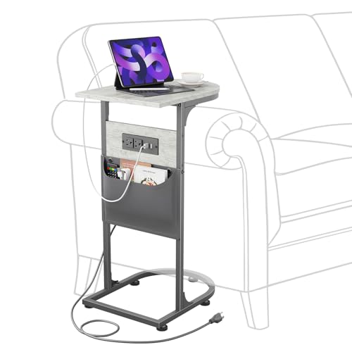C Shaped End Table, Couch Side Table with Charging Station for Small Spaces | Wobble-Free C Table, Greige, Storage Bag, 2 AC Outlets 2 USB Ports, Study Metal Frame, For Living Room, 15-Min Easy Assembly - color: Charging Station Greige