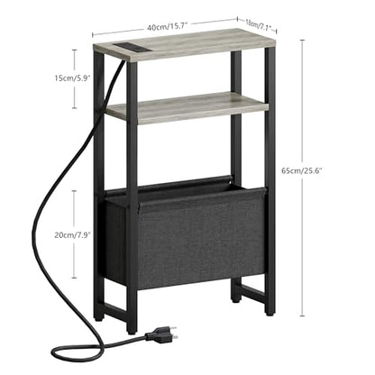 Narrow Side Table with Charging Station Slim End Table Sofa with Magazine Rack, Bedside Table for Small Spaces, 3 Tier Nightstand for Living Room Couch, Bedroom Oak Grey LET503QE - color: Oak Grey, style: With Charging Station