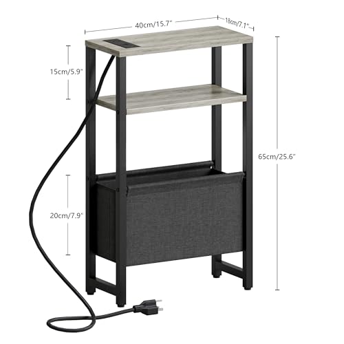 Narrow Side Table with Charging Station Slim End Table Sofa with Magazine Rack, Bedside Table for Small Spaces, 3 Tier Nightstand for Living Room Couch, Bedroom Oak Grey LET503QE - color: Oak Grey, style: With Charging Station