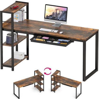SHW 46-Inch Home Office Computer Desk w/Side Shelf & Drawer, Rustic Brown | w/ Reversible Adjustable Shelf | Drawer with adjustable compartments - color: Rustic Brown