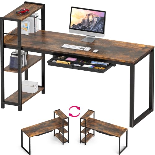 SHW 46-Inch Home Office Computer Desk w/Side Shelf & Drawer, Rustic Brown | w/ Reversible Adjustable Shelf | Drawer with adjustable compartments - color: Rustic Brown