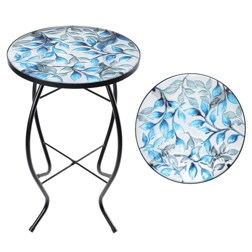 MUMTOP Side Patio Tables-Mosaic Outdoor Side Table - 14’’ Blue and Transparency Leaf Glass Accent Round EndTable, Plant Stand Indoor Small CoffeeTable for Garden or Living Room Decor - color: Blue Leaf