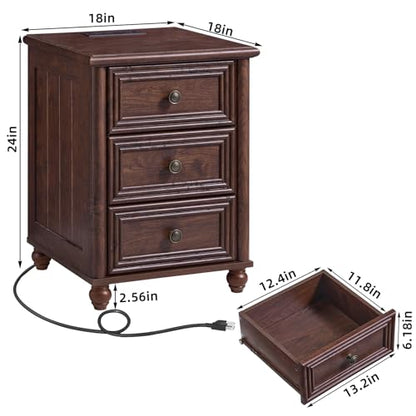 RWYHG 18" Night Stand with Charger Station, Nightstand with 3 Drawers | Farmhouse Modern Bedside Table, Metal Handle, Roman Column Legs, Walnut Bed Side End Tables for Bedroom Living Room - color: Walnut, size: 18"D x 18"W x 24"H (3 Drawers)