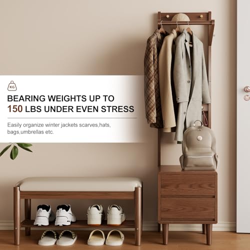 Solid Wood Coat Rack Freestanding,Standing Coat Rack with 2 drawers,Clothing Racks for Hanging Clothes,Narrow Hall Tree with Storage,Walnut Nightstand with 6 Coat Hooks for Bedroom Entryway Corner - size: 2 drawers