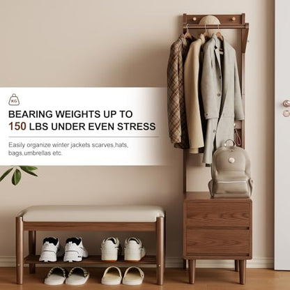 Solid Wood Coat Rack Freestanding,Standing Coat Rack with 2 drawers,Clothing Racks for Hanging Clothes,Narrow Hall Tree with Storage,Walnut Nightstand with 6 Coat Hooks for Bedroom Entryway Corner - size: 2 drawers