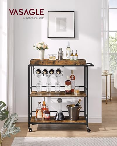 VASAGLE Kitchen Serving Cart with Removable Tray, 3-Tier Kitchen Utility Cart on Wheels with Storage, with Brakes, Leveling Feet, 15.7 x 34.6 x 37.8 Inches, Rustic Brown and Black ULRC093B01 - color: Rustic Brown + Black, size: 15.7"D x 34.6"W x 37.8"H
