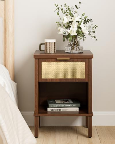 Rattan Nightstand with Drawer and Open Shelf, Boho Side Table with Gold Handle, Small Night Stand, Modern Bedside Table for Bedroom, Walnut - color: Walnut