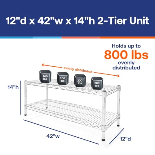 Shelving Inc. 12" d x 42" w Chrome Wire Shelving with 2 Tier Shelves, Weight Capacity 800lbs Per Shelf - size: 12"d x 42"w x 14"h