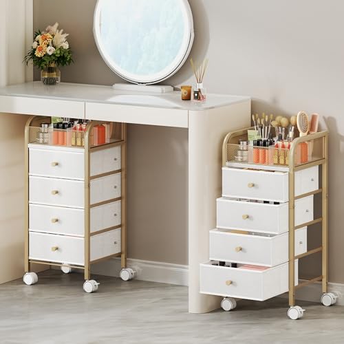 SWTYMIKI Rolling Makeup Organizer Cart - Under Desk Vanity Makeup Storage with 4 Non-woven Drawers, Nail Cart Organizer Cosmetic Display Cases Cabinet for Skin Care Perfume Nail Polish Brush Hair Tool - color: Gold, size: 5-Tier