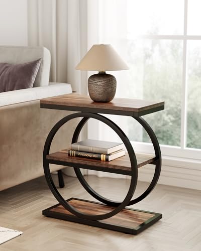 LITTLE TREE End Table Set 2, Side Table with 3 Tiers Shelves, Slim Sofa Side Table for Living Room, Tall Bedside Table Nightstand for Bedroom, Rustic Brown and Black - color: Rustic Brown