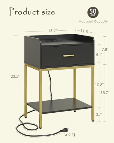 Nightstand with Charging Station,3-Tier Bedside Table for Small Space,Modern Night Stand with Storage Drawer and Shelf,Small Side Table for Bedroom,Living Room,Black - color: Black With Charging Station