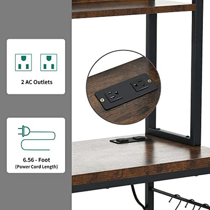 YITAHOME Kitchen Microwave Bakers Stand 31 Inches Wine Rack Free Standing Small w Storage for Liquor Glasses Power Outlet Tall Farmhouse Utility Shelf Pantry Dining Room Coffee Bar Hutch, Rustic Brown | 5-Tier Storage, Wine Rack, Glass Holders, Power Outl