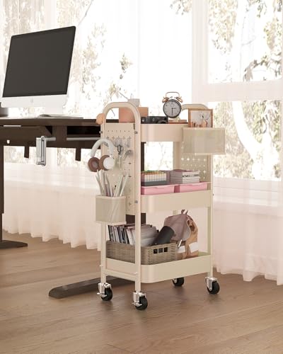 ALVOROG 3 Tier Rolling Cart with DIY Pegboards Metal Utility Cart with Wheels Handles Baskets Hooks, Craft Cart for Office Kitchen Bathroom(Khaki) - color: Khaki