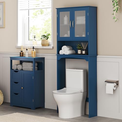Yaheetech Over The Toilet Storage Cabinet, Free Standing Toilet Rack with Adjustable Shelves and Tempered Glass Doors for Bathroom Washroom, Navy Blue - color: Navy Blue