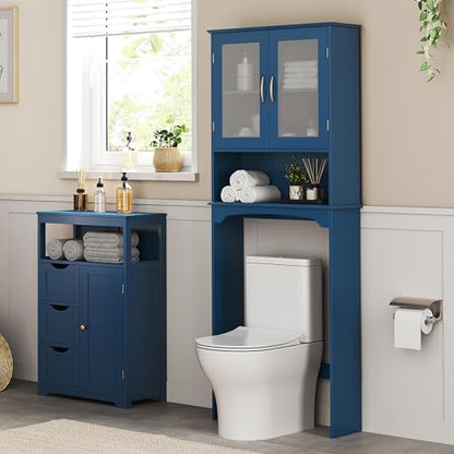 Yaheetech Over The Toilet Storage Cabinet, Free Standing Toilet Rack with Adjustable Shelves and Tempered Glass Doors for Bathroom Washroom, Navy Blue - color: Navy Blue
